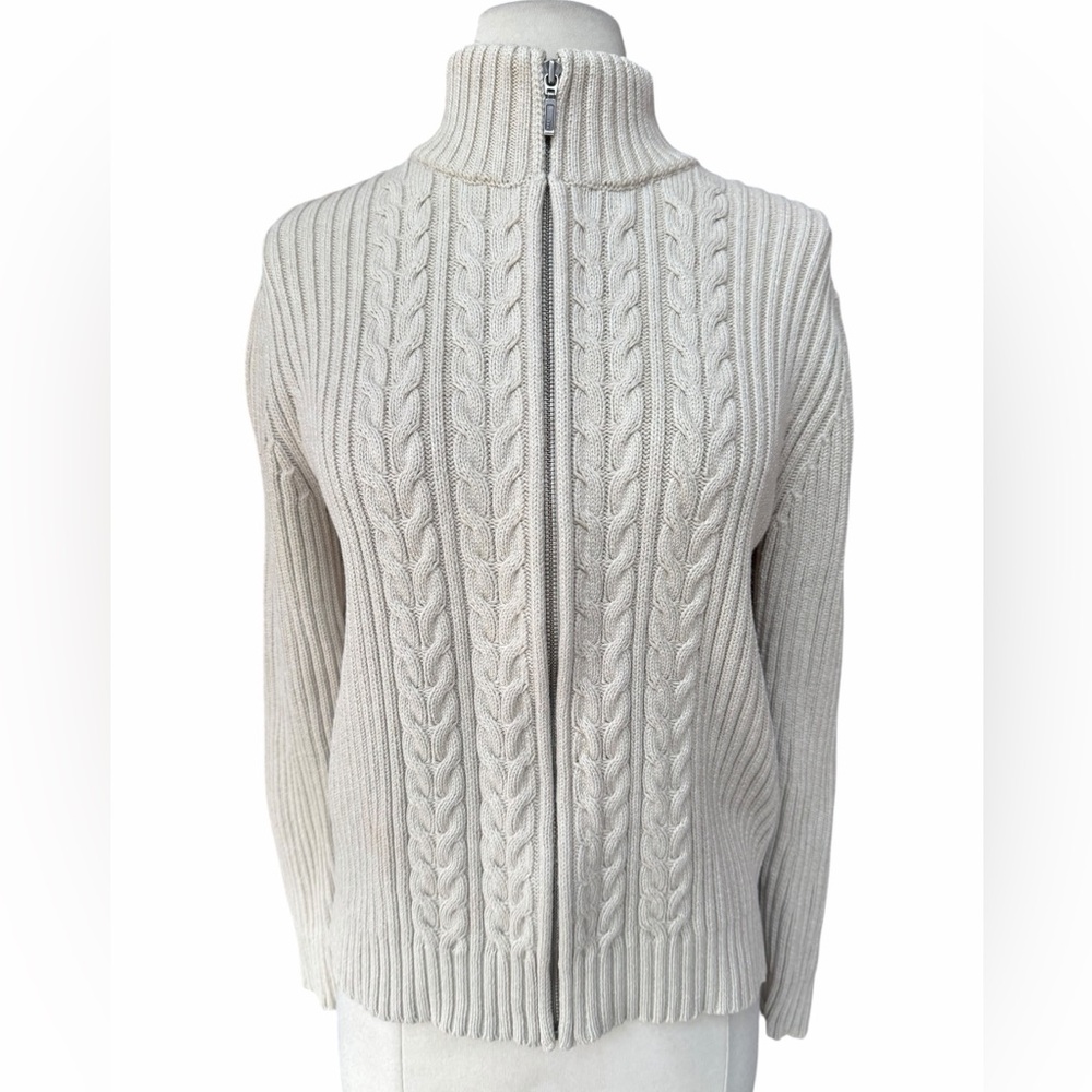 1990s Lands’ End 100% Cotton Beige Full Zip Cable Knit Fisherman Cardigan